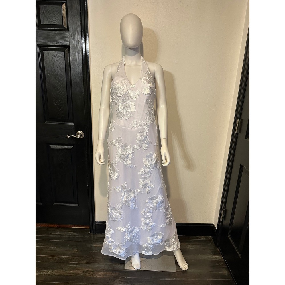 White Floral Embroidered Halter Maxi Dress Corset Lace‎ Up Back Gown Womens